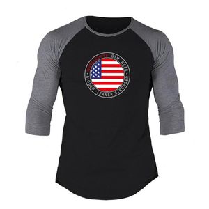 Muscleguys SummerAutumn Moda Casual Slim Fit Elástico Suave Siete Cuarto Manga T Shirts Hombre Algodón Fitness Tops Tee 210421