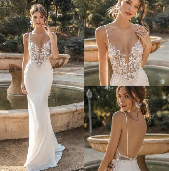 Muse by Berta 2019 Robes De Mariée Sirène Spaghetti Dos Nu Dentelle Robes De Mariée En Satin Voir À Travers La Plage Trompette Robe De Mariée Sur Mesure