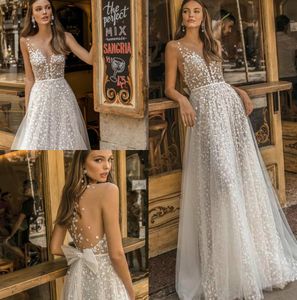 Muse by Berta 2019 robes de mariée pure cou dentelle appliques robe de mariée une ligne plage boho simple voir à travers la robe de mariée avec arc