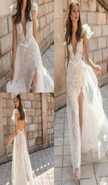 Muse by Berta Vestidos de novia de sirena con cuello en V, vestidos de novia de encaje sin espalda, abertura alta, transparente, vestido de novia de trompeta de playa personalizado 34007982