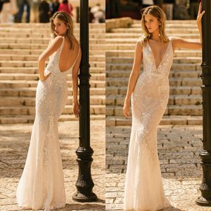 Muse By Berta nouvelles robes de mariée avec appliques de dentelle dos ouvert plage sirène robes de mariée 2020 étage longueur Sexy robe de novia