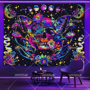 Brapet de champignon Blacklight Tapestry UV Hippie Starry Night Skull Skull suspendu Black Light Tapestrys Glow dans la couverture sombre