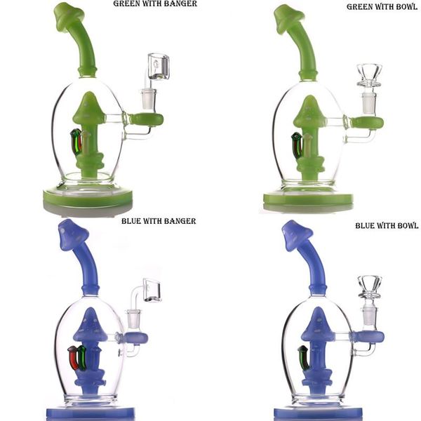 Cachimbas de setas Color púrpura y verde Tubos de vidrio para fumar 8,5 pulgadas de alto Reciclador Dab Rigs Bongs de agua con un tazón de 14 mm