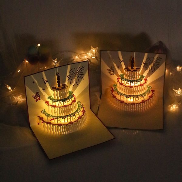 Tarjeta de felicitación de pastel de cumpleaños de música con sobre vela luminosa Pop-Up 3D tarjetas de bendición creativo moderno LED postal regalos