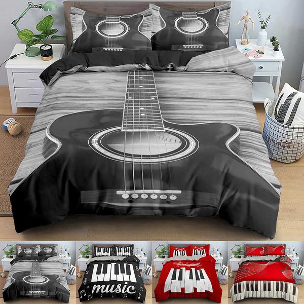 Musique Ensemble de Literie Piano Clavier Musique Note Housse de Couette Reine Taille Linge de Lit Couette Microfibre Guitare Ensembles de Literie 210706