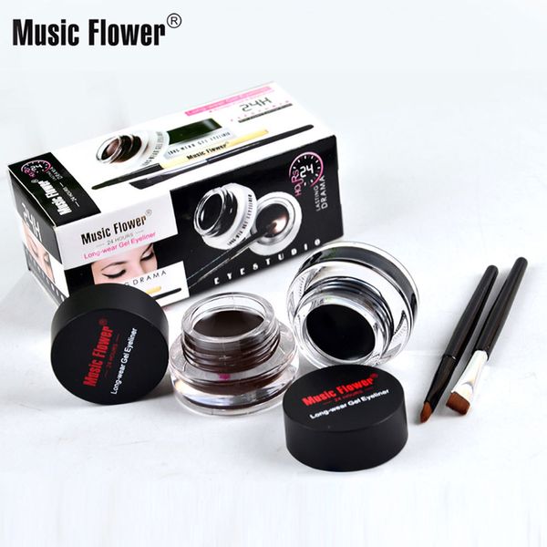 Music Flower 2 en 1 Coffee + Black Gel Cream Eyeliner Cosmética impermeable Set Liner de ojos + Cepillos Cosméticos de maquillaje