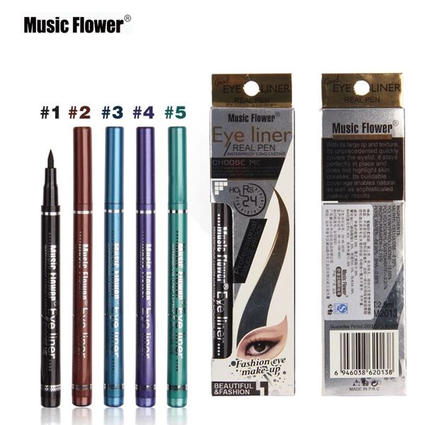 Music Flower 5 colores negro marrón azul púrpura verde delineador de ojos líquido lápiz delineador de ojos impermeable marca maquillaje cosmético para ojos