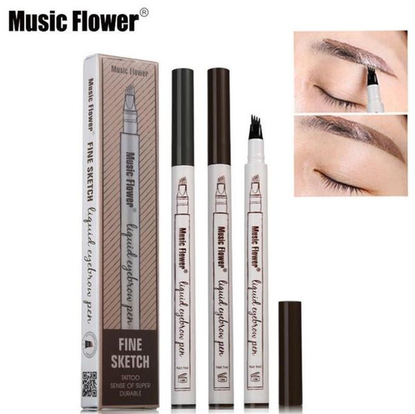 Music Flower Liquid Eyebrow Pen Enhancer Four Head sourcil Enhancer Étanche 3 Couleurs châtain gris foncé Maquillage DHL livraison gratuite