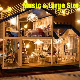 Música LED Luz Miniatura Casa de muñecas Provenza Casa de muñecas DIY Kit Casa de madera Modelo Juguete con muebles Cumpleaños Regalos de Navidad LJ201126