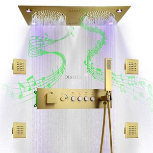 Système de douche à Led musical, pomme de douche pluie et brume 620x320mm avec tige de contrôle du débit d'eau, robinet de douche thermostatique