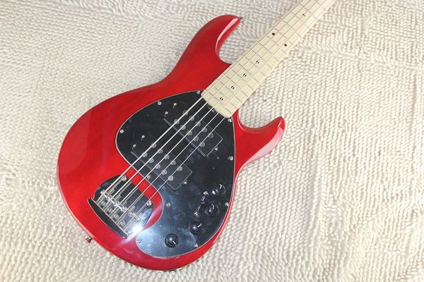 Music Man 5 cuerdas Bajo Erime Ball StingRay Guitarra eléctrica Acabado rojo Diapasón de arce Batería de 9 V Pastillas activas Golpeador negro