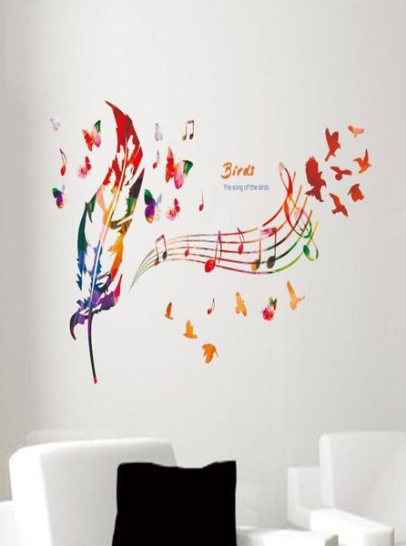 Note de musique stickers muraux plume colorée motif papillon le chant des oiseaux citation autocollant mural décoration pour la maison bricolage papier peint Art D6354116