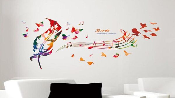 Note de musique colorée de plumes de plumes décalcomanies papillon motif de papillon la chanson des oiseaux cite un autocollant mural bricolage de décoration de maison du papier peint art d9778273
