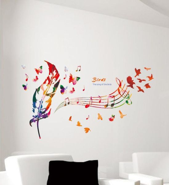 Note de musique stickers muraux plume colorée motif papillon le chant des oiseaux citation autocollant mural décoration pour la maison bricolage papier peint Art D1260432