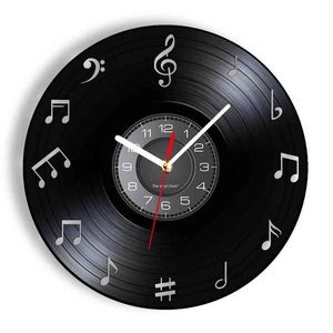 Reloj de pared con registro de gramófono Retro circular de notas musicales hecho a mano músico decoración del hogar reloj de arte Retro álbum de música reloj Longplay H1230