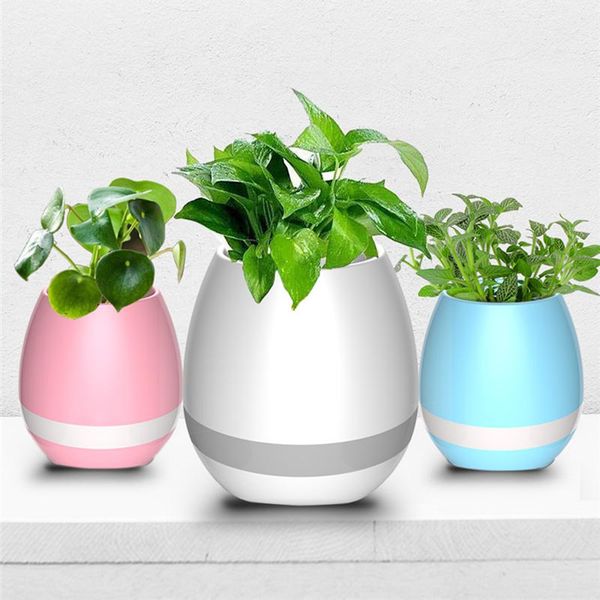 Musique Flowerpot,Touch Plant Piano Music Playing Flowerpot Smart Multi-color LED light Round Plant Pots Haut-parleur sans fil Bluetooth Rose blanc