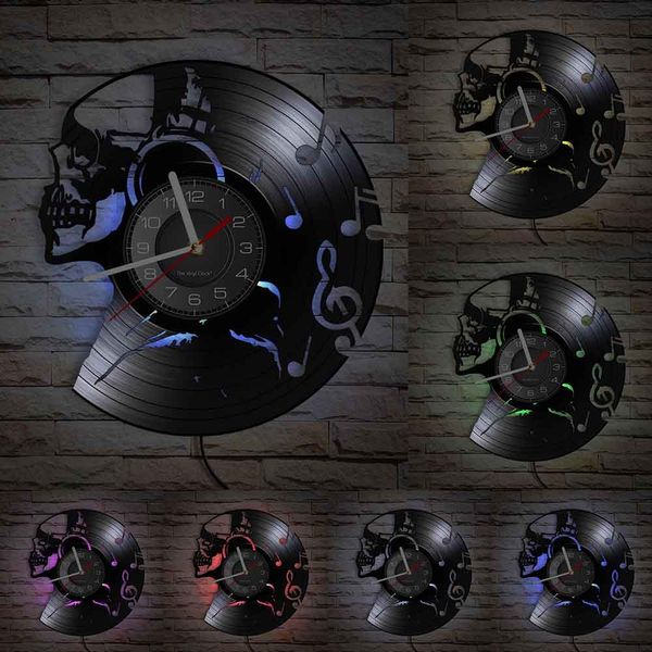 Auriculares de calavera de música decoración del hogar disco de vinilo Reloj de pared DJ Rock Música Calavera Reloj de pared Halloween Fiesta Movimiento silencioso