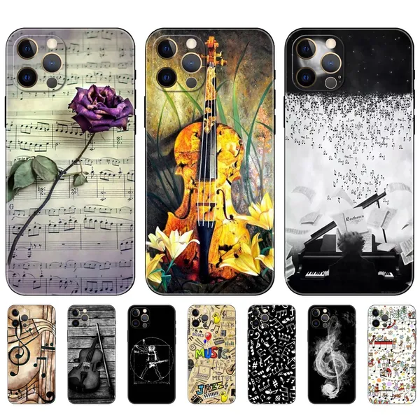 Símbolos musicales Funda de TPU suave para Iphone 15 Pro Max 14 Plus 13 12 11 XS MAX XR X 8 7 6 Iphone15 Retro Piano Guitarra Rosa Flor Moda Teléfono celular móvil Contraportada Piel