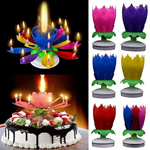 Bougie d'anniversaire musicale décoration de gâteau d'anniversaire décoration fleur de Lotus bougies fleur rotation rotation bougie de fête C0813