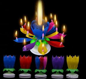 Musical Birthday Candle Magic Lotus Flower Decoration Blossom Roterende Spin Party 14 Kleine 2Layers Cake Topper