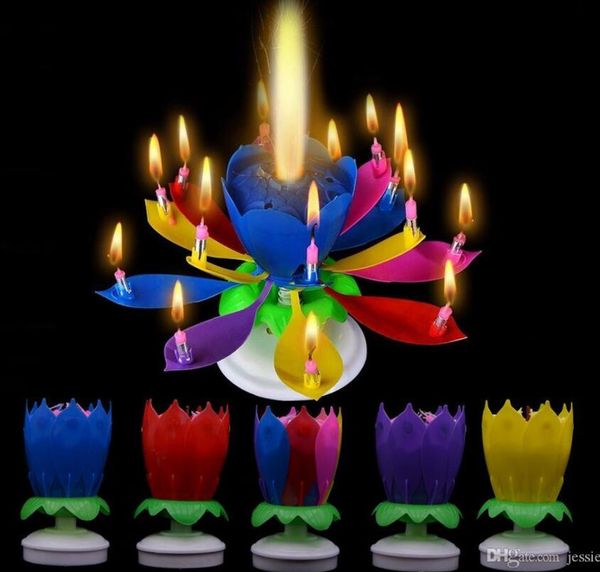 Bougie d'anniversaire musical Magic Lotus Flowle Bougies Blossom Rotating Spin Party Candle 14 petites bougies 2 couches Cake Topper décor coloré