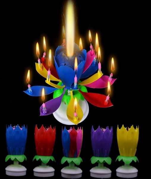 Bougie d'anniversaire musicale bougies de fleur de lotus magique bougie de fête rotative en fleur 14 petites bougies 2 couches de décoration de gâteau decorat7929325