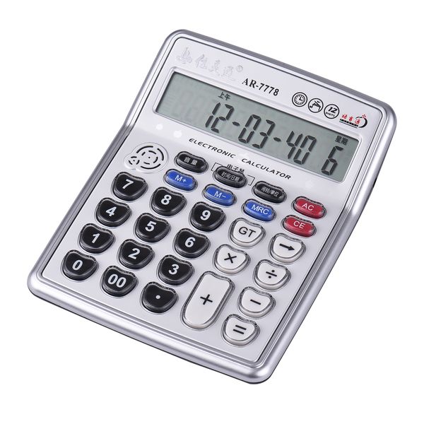 Calculadora de escritorio Musical Pantalla LCD de 12 dígitos Contador electrónico Botones grandes Hora Fecha Mostrar Función de reloj despertador