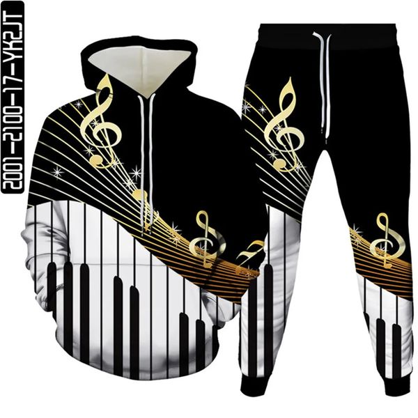 Instrument de musique Note violon casque microphone imprimé 2 pièces costume sweats à capuche pantalons ensembles hommes grande taille S-6XL survêtement tissu 240124