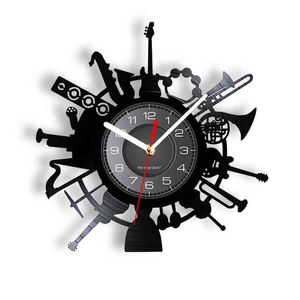 Muziekinstrumenten Vinyl Record Wandklok Muziek Band Musician Home Decor Laser Cut Handicraft Artwork Clock Rock N Roll Gift H1230