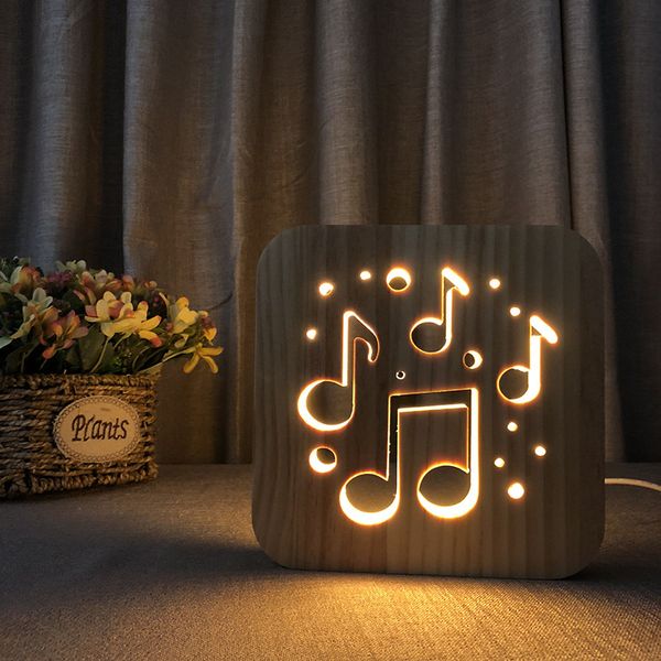 Lámpara de madera 3d con forma de nota musical, luz de noche led hueca, lámpara de escritorio blanca cálida, fuente de alimentación usb como regalo para amigos