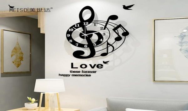 Notes de musique Art Creative Grand Corloge murale Design moderne 3D Fashion Corloges acryliques Regardez le salon décor ITTOR 2103106409849