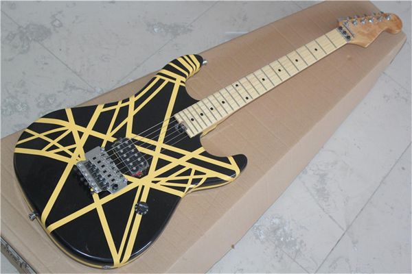 Guitarra eléctrica de doble batido de 22 grados, cuerpo a rayas negras y amarillas, diapasón de arce, venta directa del fabricante