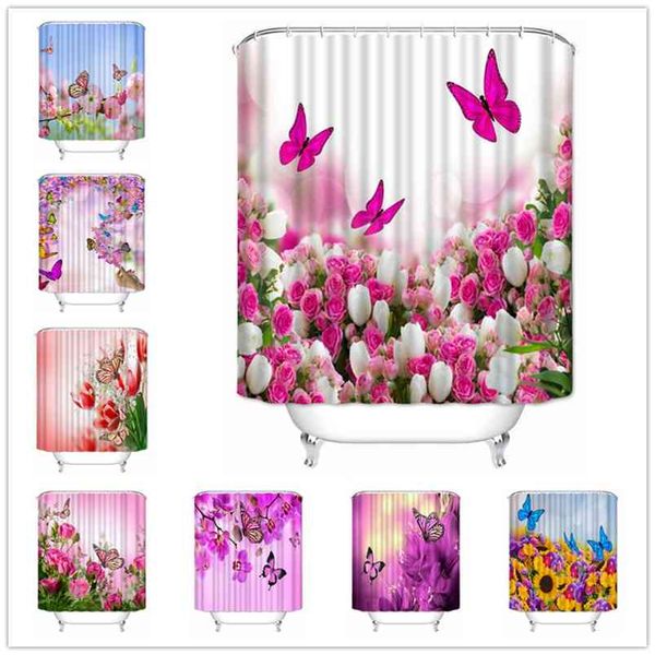 Cortina de ducha de flores de mariposa de alta calidad personalizada Musife, tela de poliéster impermeable para baño 210915