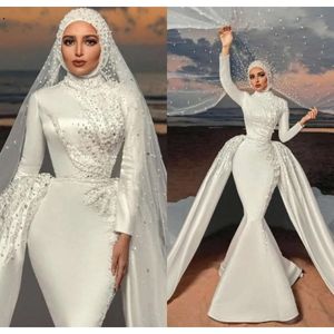 Moslim 2022 Zeemeermin Trouwjurken Met Afneembare Trein Satijn Kralen Bruidsjurken Parels Hijab Custom Made Robes De Marie Bes121