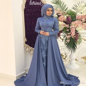 Moslim een ​​lijn goedkope avondjurken lange juweel hals kant applique lange mouwen prom jurken elegante formele jurken avondkleding feestjurken