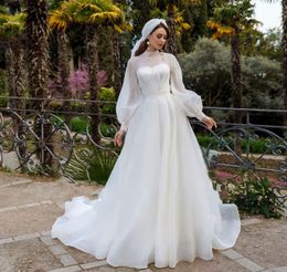 Vestido De novia árabe musulmán De manga larga Línea A con cremallera en la espalda Vestidos De novia 2023 Vestidos De novia De organza plisados De princesa