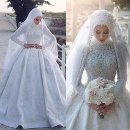 Moslim baljurk jurken lange mouwen lange mouwen kanten applique kralen satijn dubai bruiloft bruidsjurken op maat gemaakte plus maat