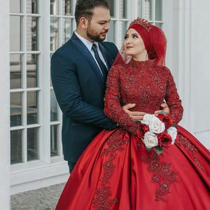 Moslim Baljurk Trouwjurken Kralen Hoge Hals Lange Mouwen Applicaties Bruidsjurken Rits Terug Puffy Wedding Robes de Mariée