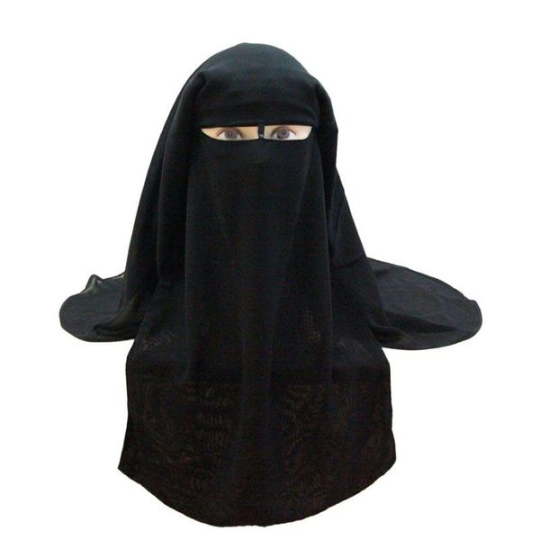 Pañuelo musulmán Bufanda Islámica 3 capas Niqab Burqa Bonnet Hijab Cap Velo Headwear Cubierta facial negra Estilo Abaya Envoltura para la cabeza 2270C