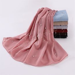 Moslim Bubble Chiffon Hijab Sjaal Plain Stitch Parelkralen Ketting Sjaals en Wraps Strand Zomer Islamitische Ramadan Snood 175*70Cm