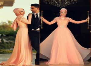 Moslimcaftan A Line Evening Jurken High Collar Long Sleeve Pink hijab Underscarf Dubai Morokan Kaftan Prom feestjurken Custom6891812