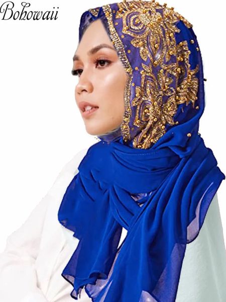 Hijabs de mousseline musulmane Scarpe Turban Gold Glitters Perles Hijab pour la femme Ramadan Foulard Musulmane pour femme longuement longue 240416