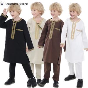 Robe pour enfants musulmans 2 pièces ensemble enfants garçon col rond à manches longues robe imprimée chemise Abaya caftan Jubba Thobe vêtements islamiques 240328