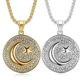 Croissant musulman et pendentif étoile 14k or glacé rond collier hip hop femmes hommes bijoux islamiques