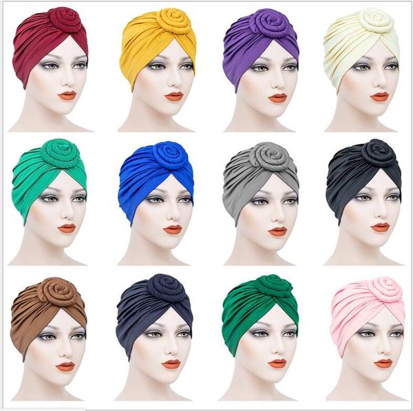 Chapeau turban musulman en forme de beignet pour femmes, chapeau à fleurs noué, Bonnet indien, à capuche, bandeau Hijab, solide, casquette de chimio