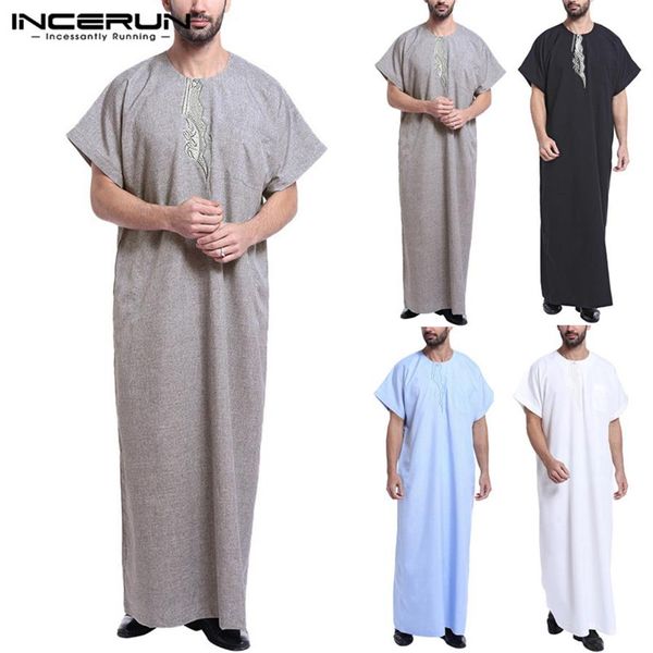 Robe musulmane caftan hommes Abaya manches courtes imprimé Vintage Robes arabie saoudite dubaï arabe islamique Jubba Thobe245v