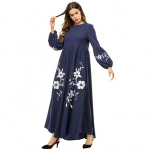 Vestido musulmán mujer bordado estampado largo Abaya cuello redondo manga cremallera suelta Kaftan Dubai turco islámico