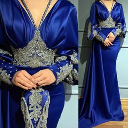 Musulmán Dubai Arabia Saudita Vestidos largos de fiesta Abaya Azul real Elegante Satén Rhinestones Apliques Mujeres Ocasiones especiales Vestidos de fiesta Mangas largas Vestidos CL3441