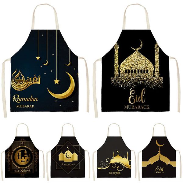 Tablier de cuisine imprimé musulman Eid Mubarak pour femmes Ramadan Kareem cuisine à domicile cuisson étoile croissant coton lin taille bavoir décor 240315