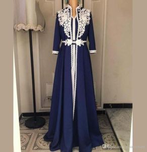 Moslim Avondjurk Marokkaanse Kaftan Marine Robe De Soiree Dubai Kant Applique Formele Jurk Lange Mouw Dames Avondjurk4709209